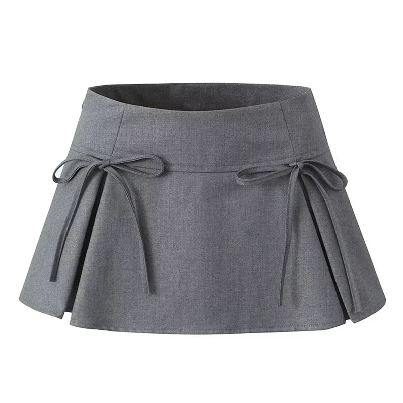 Preppy Style Mini Skirt with Bow Women Kawaii Low Waist Pleated Short Skirt Female Summer A Line Y2K 90s Cute Outfit Faldas New