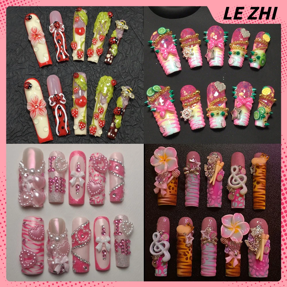 

Y2K Europe America Personality XL Rectangle Press On Nails Art French Hand-Painting Hot Girl Aurora Powder Fake Nails Sticker