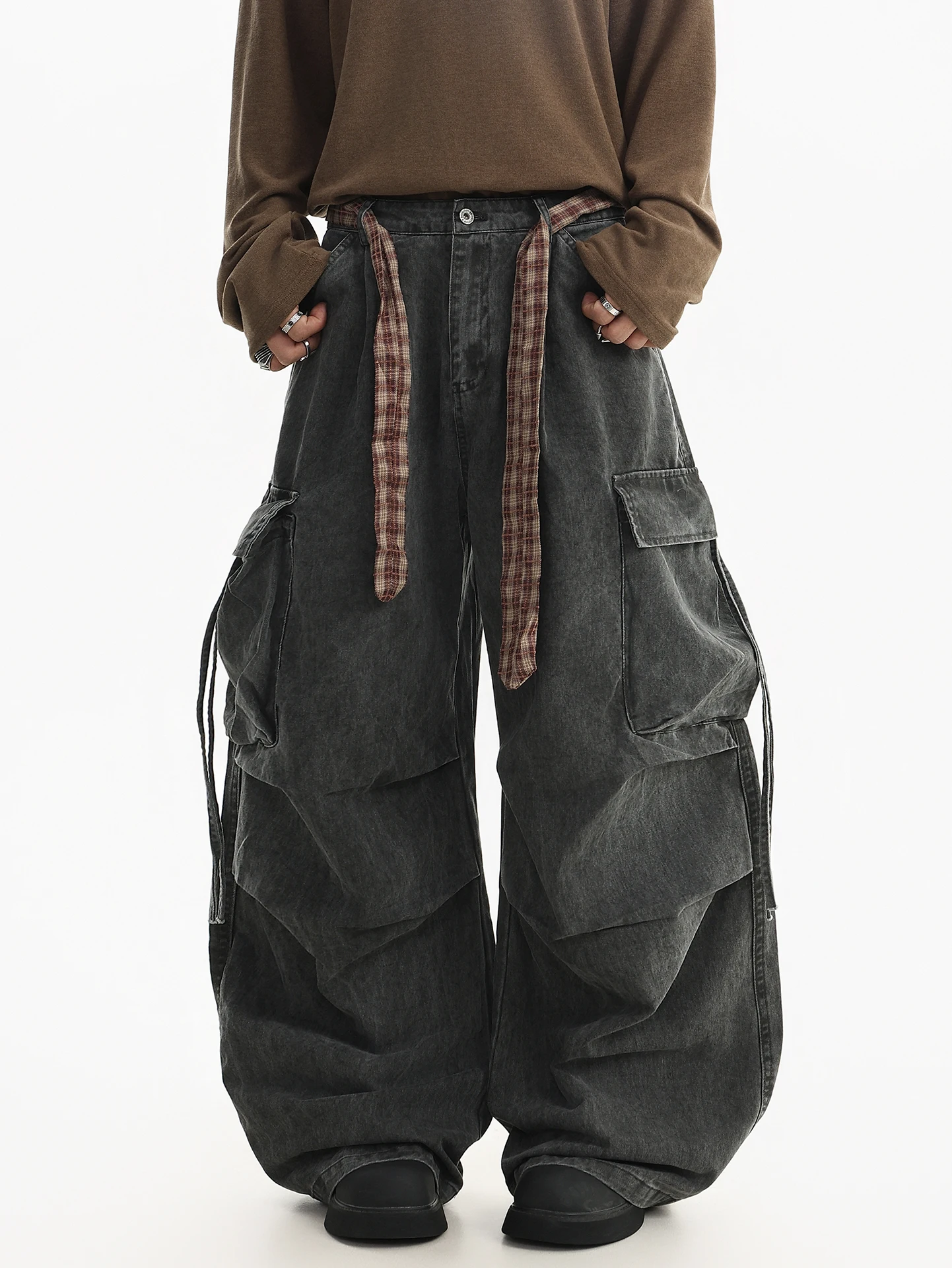 

Washed Denim Wide Leg Pants Men's Spring New Style Belted Folded Design Workwear Casual High Waist Straight Cut Loose Fit Jeans