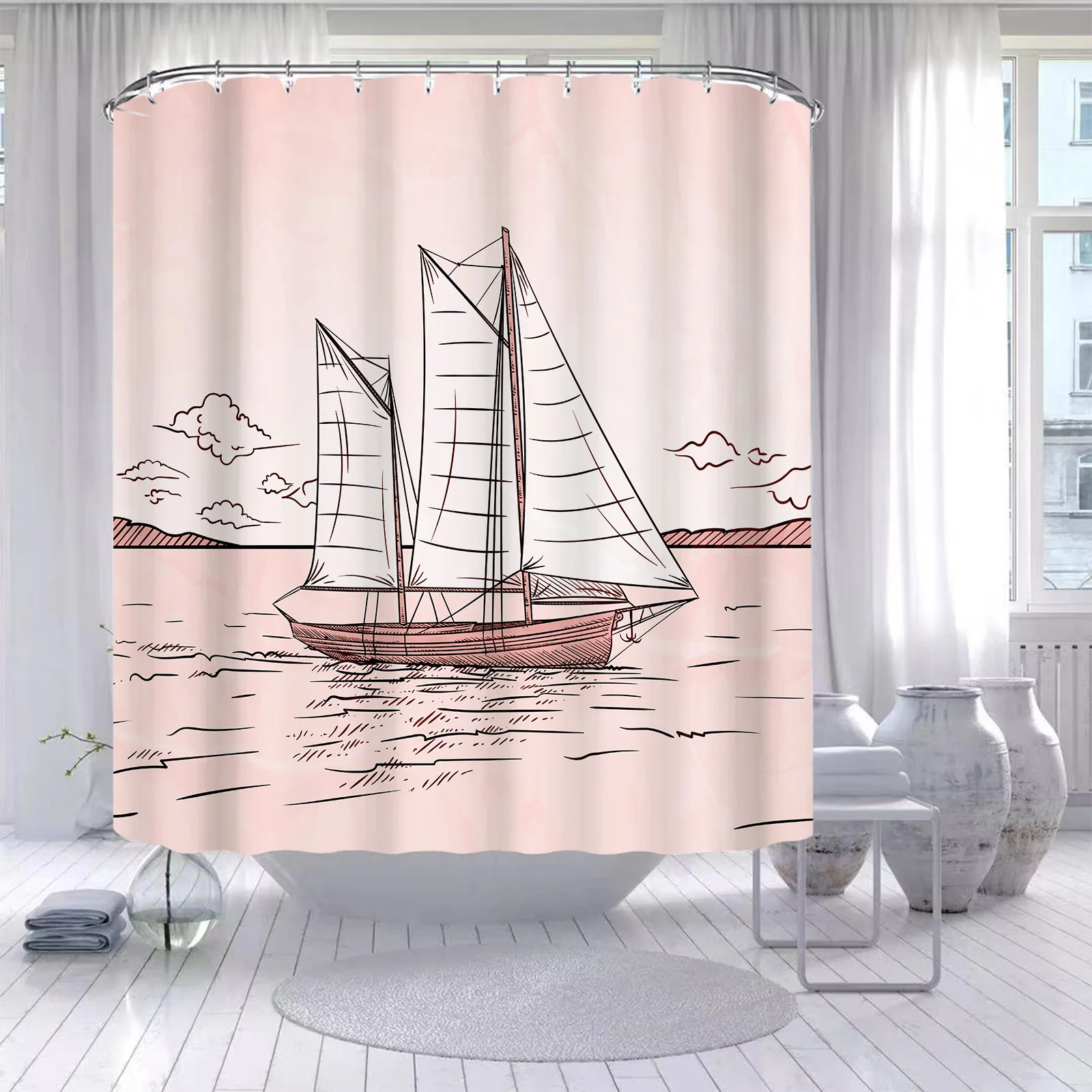 Ship Anchor Rudder Boat Shower Curtain Pirate Sailboat Starfish Bathroom Wall Hanging Curtains Waterproof Hooks Screen Decor