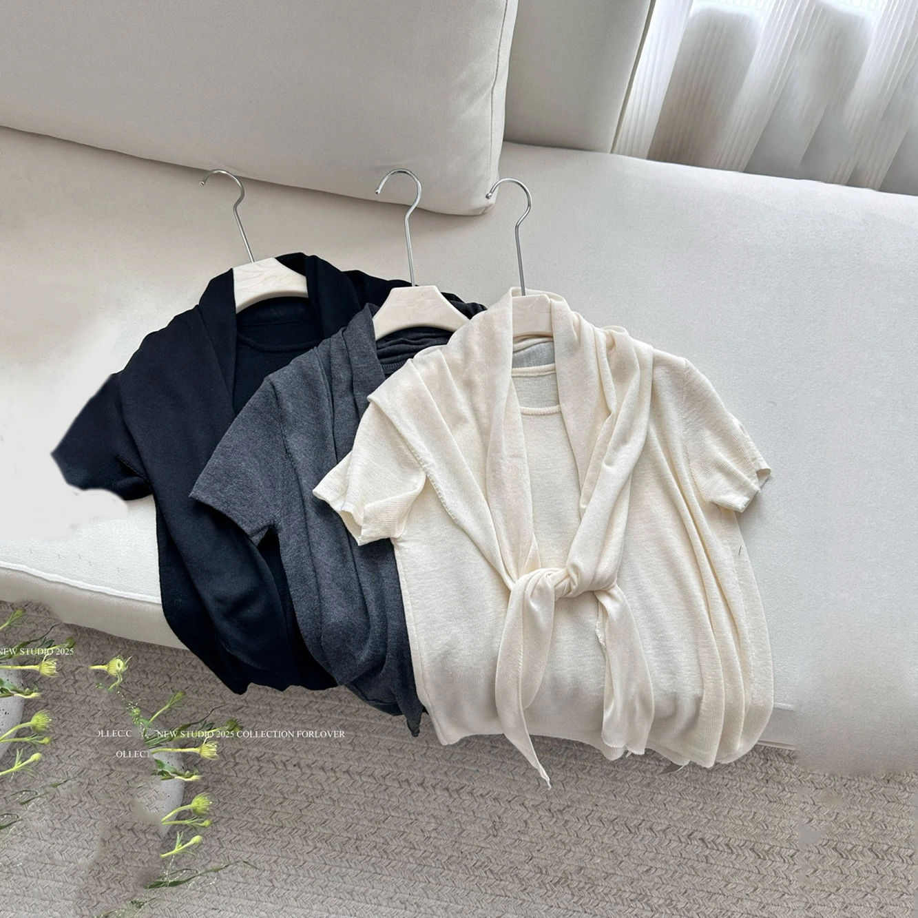 Japanese Style Solid Color Premium Short Sleeve Knitted Top Set And Shawl Two-Piece Set for Women Casual Slim Spring Outerwear