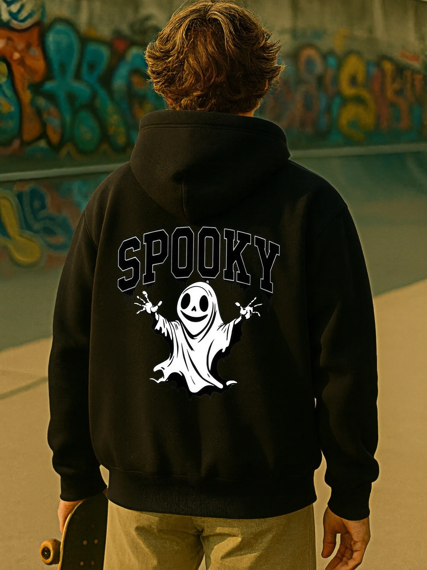 Graphic Hoodie Men, Ghost - Print Casual Streetwear Hooded Sweatshirt for Men, Cotton Blend, for Everyday Wear