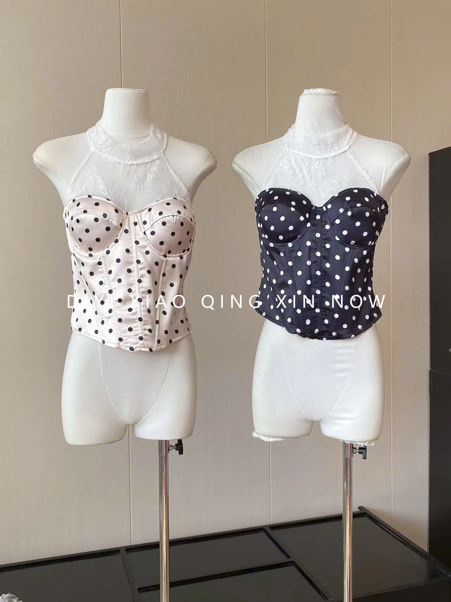 Polka Dot Lace Halter Neck Bralette Women's Vintage Satin Fishbone Waist Cinched Strapless Short Top Outerwear Polyester Fiber