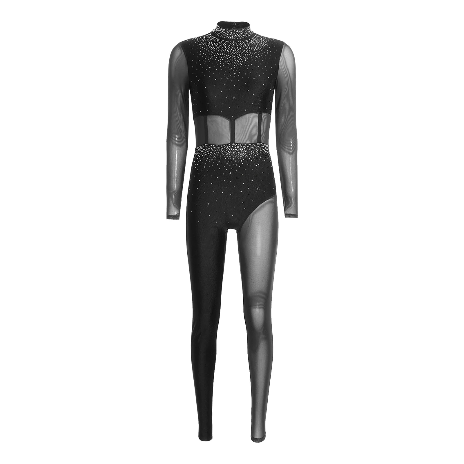 

Women Radiant Gymnastics Unitard with Crystal Rhinestones Sheer Mesh Panels Cutout Back Bodysuit for Figure Skating Performances