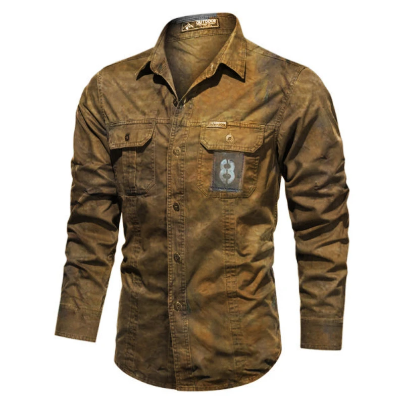 Spring 2023 Men\'s Long Sleeved Tactical Shirt Solid Color Casual Military Standing Collar Breathable Camping Fishing Shirts