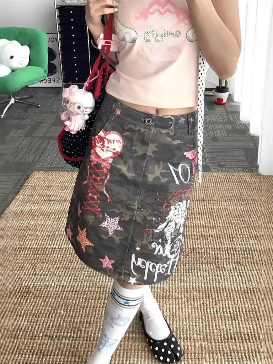 تنورة صيفية للسيدات أبي Y2k ميدي تنورة مموهة هاراجوكو يابانية 2000s الجرونج E-girl طباعة ألف خط سايبر بانك طول الركبة تنورة جديدة #5