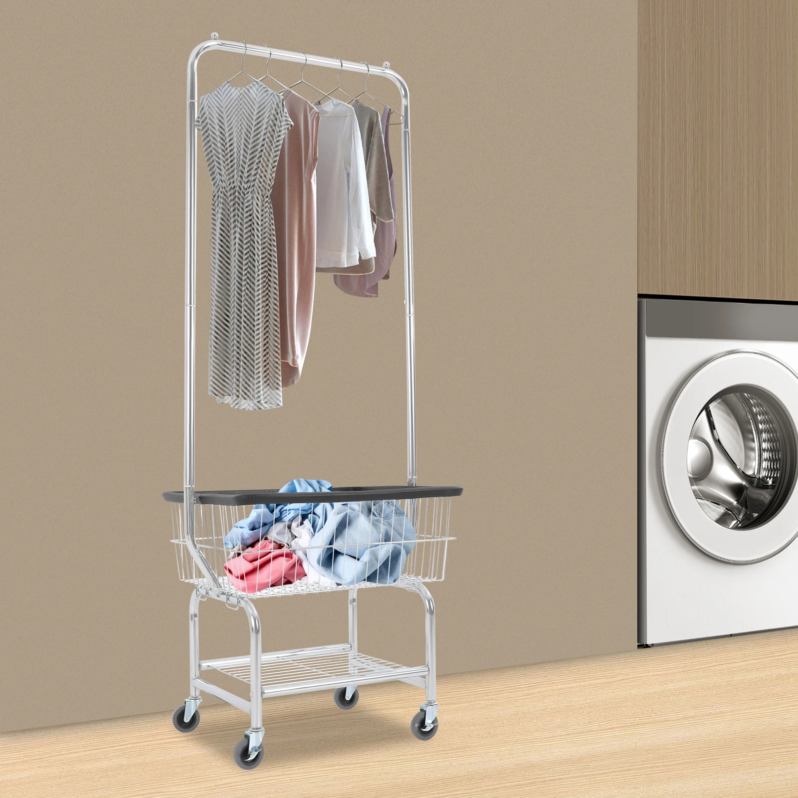 

Large Capacity Clothes Cart Rolling Laundry Cart with Hanging Rod