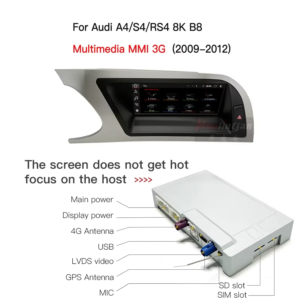 For Audi A4 S4 RS4 B8 MMI 3G 8.8 touch screen upgrade 2009-2018 CarPlay Android Auto Android 13 apps Netflix Spotify Prime Video