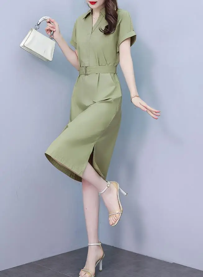 فستان قميص صيفي راقي للنساء مع مزاج أنيق وطية صدر السترة وخصر كاجوال بأكمام قصيرة للتنقل
