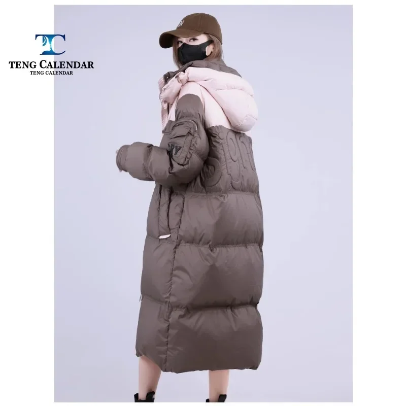 Winter Down Jacket, Long Sports Splicing Hooded Thick and Warm White Duck Down Jacket, Women\'s 2024 New Model