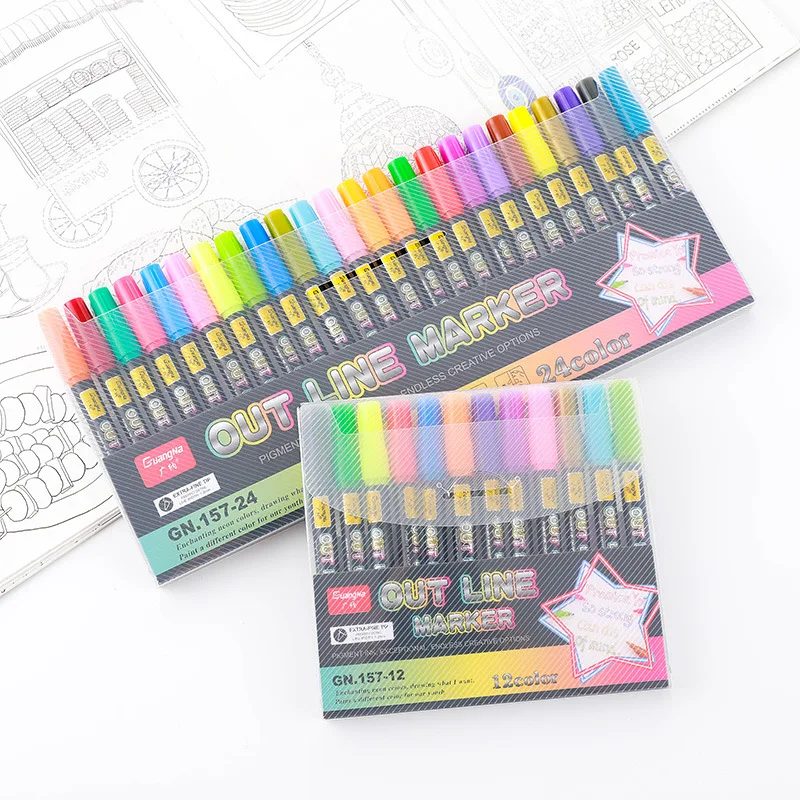 12 Color Metal Paint Marker Pen Set Double Line Pen Outline Marker Glitter for Drawing Painting Doodling School Supplies