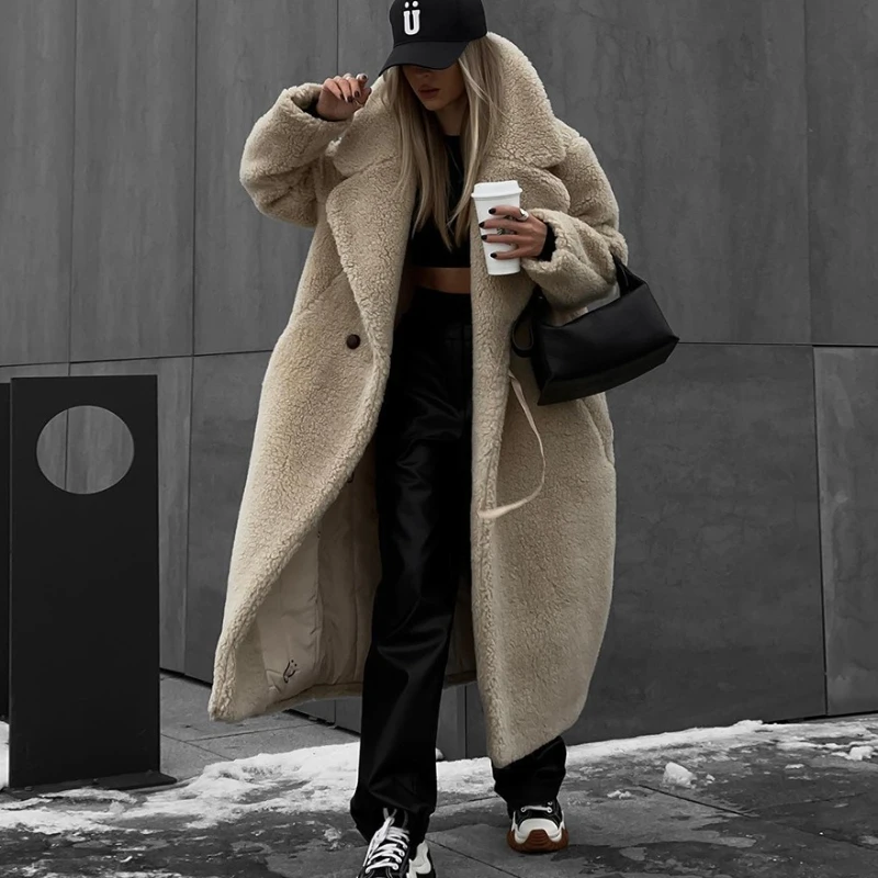 

TARUXY Polar Fleece Lambswool Coat Women's V-Neck Pocket Button Long Warm Overcoat Winter New Female Streetwear Wool Jacet Coat