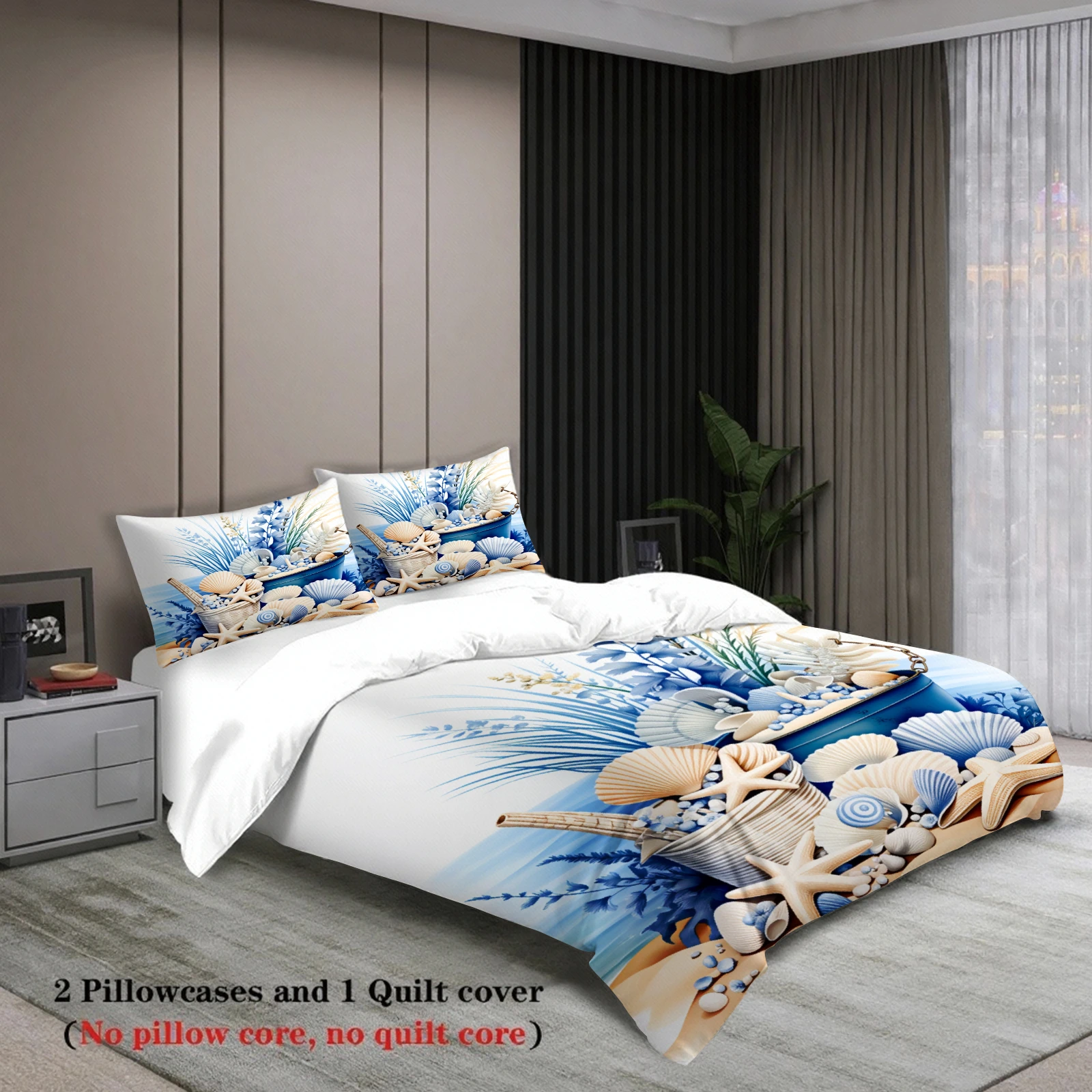 Seaside Beach Theme Bedding Set Blue And White Shell Starfish Coral Pattern With Duvet Cover & Pillowcases For Bedroom Decor