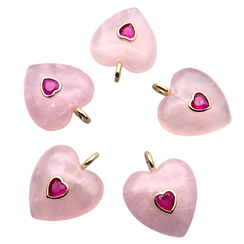 5 PCS Natural Gemstone Rose Quartz Zircon Heart Shape Pendant For Handmade DIY Accessories