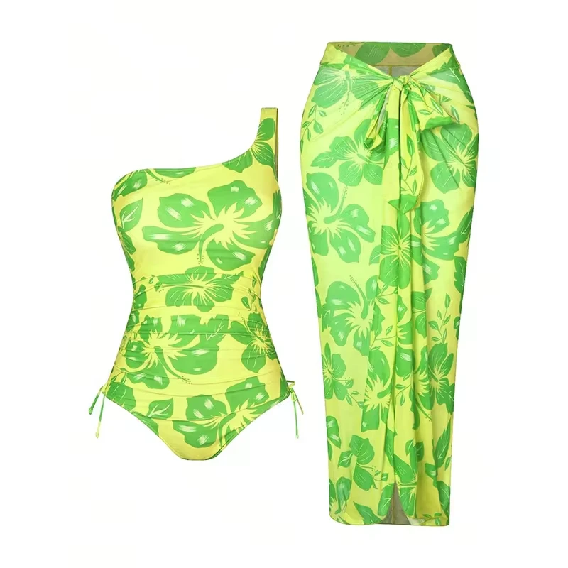 

New 2025 Large Size One-Piece Bikini Two-Piece Beachwear Set Single Shoulder Strap High Waist Beach Skirt for Swimming