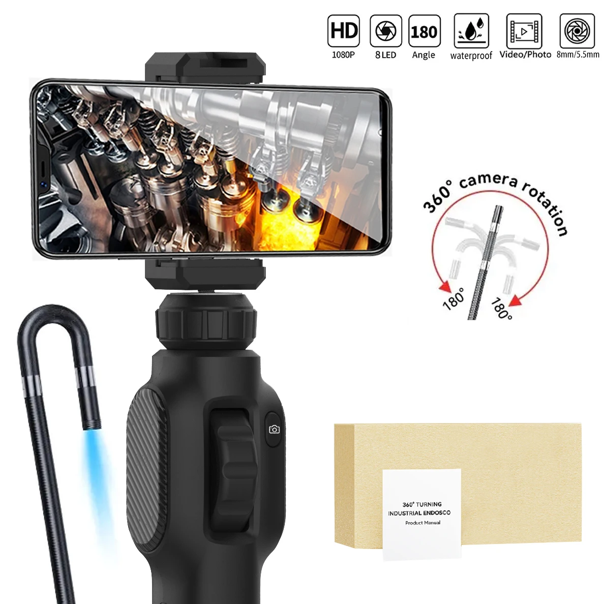 360° Articulated Endoscope, 5.5mm Joystick Articulated Endoscope Camera with Steerable Probe, Compatible with iPhone and Android