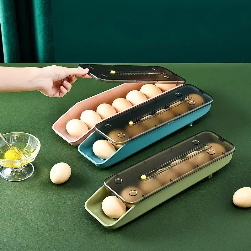 Slide Egg Storage Box Refrigerator Food Containers Organizer Holder Tray Dispenser Automatic Sliding Home Kitchen Gadgets