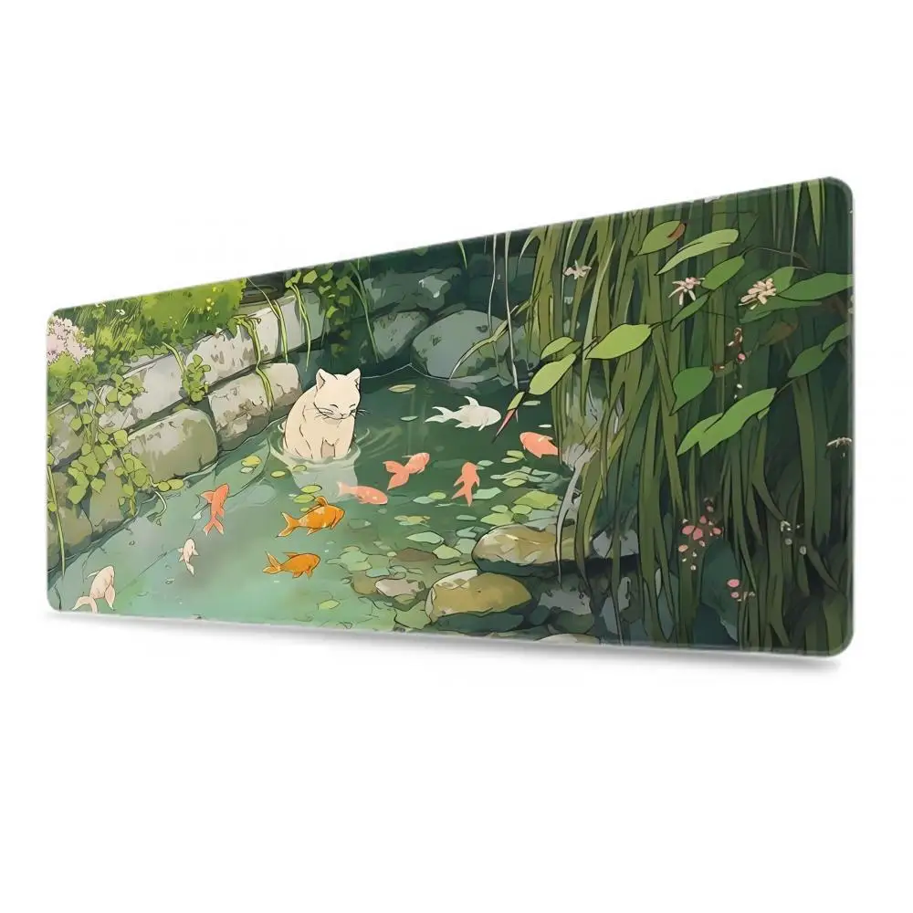 Cute Cartoon Cat Fish Mouse Pad Green Large Computer Keyboard Pad Natural Rubber Anti-Slip Pad Perfect Gift for Girlfriend Women