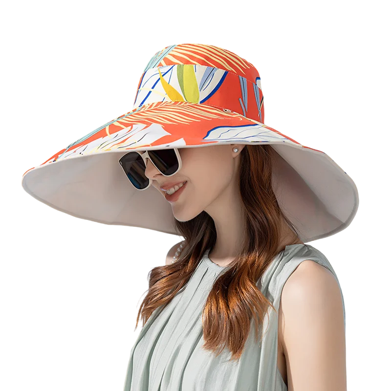  Reversible Sun Hat for Women, Extra Long Wide Brim Bucket Hat, Tropical Print Beach Hat with UV Protection 