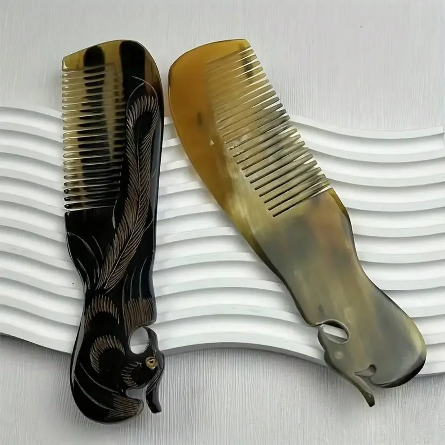 

Cow Horn Comb With Black Phoenix Carving For Hair Styling And Scalp Massage