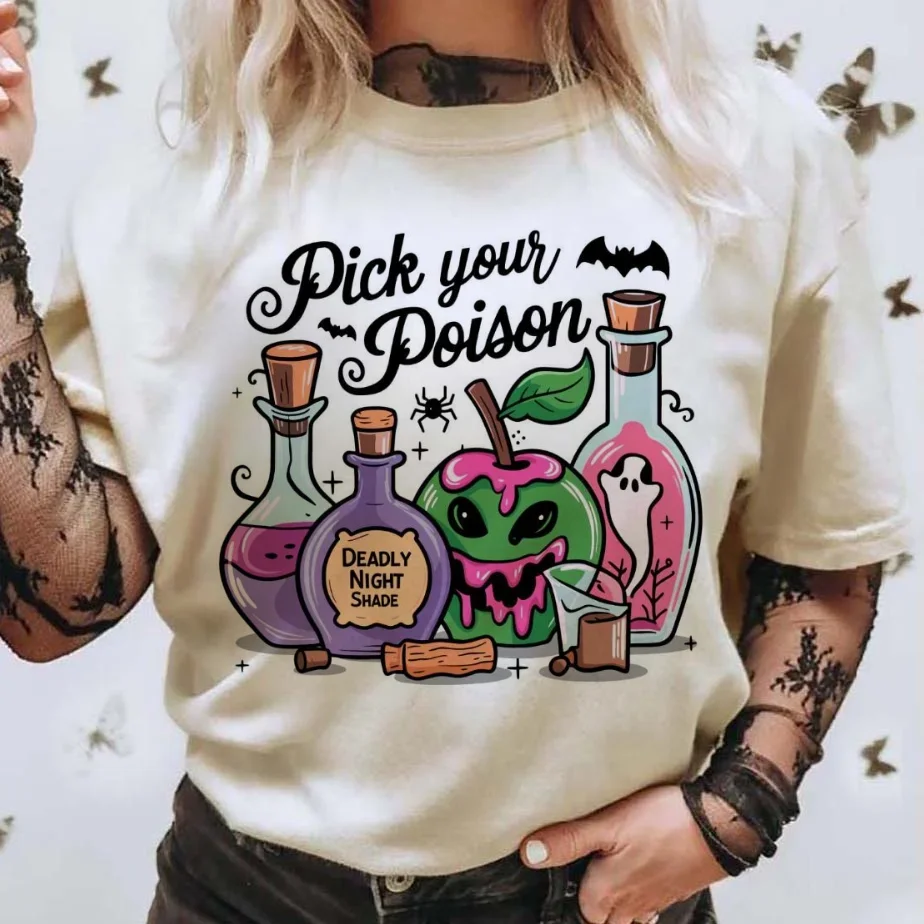 Pattern Pick Your Poison Halloween Potion Bottles Printed O-Neck T-Shirt Fashion Style Women's Gothic Summer Trendy Printed T-Sh