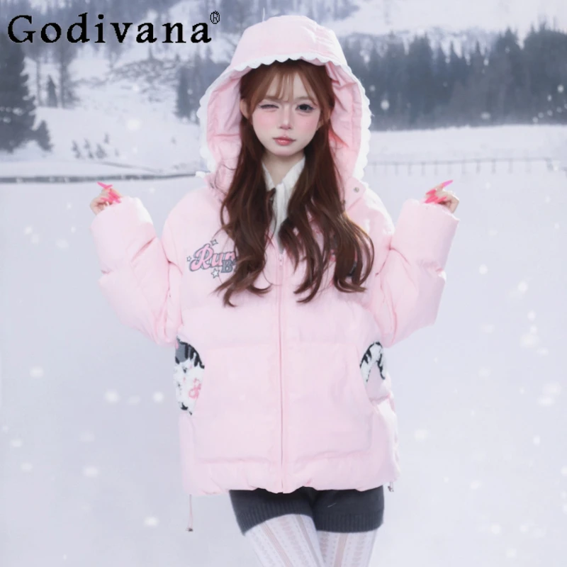 

Sweet Embroidered Cotton Jacket for Women Winter Thickened Warm Puffer Parkas Female Japanese Style Cotton Lace Hooded Coat