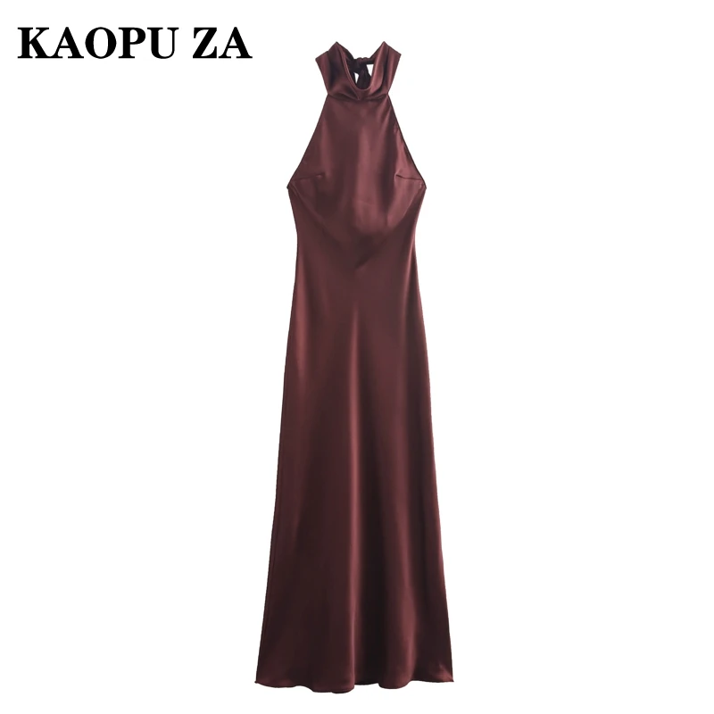 KAOPU ZA 2024 New Summer Women’s Chic Backless Satin Long Dress Female Off Shoulder Pleated Evening Dress Fashion Party Outfit