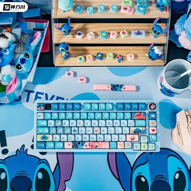 أغطية مفاتيح على شكل نجمة لطيفة من Disney Stitch كاواي إبداعية باللون الأزرق السميك من مادة PBT مجموعة كاملة من أغطية المفاتيح هدية العيد الشخصية