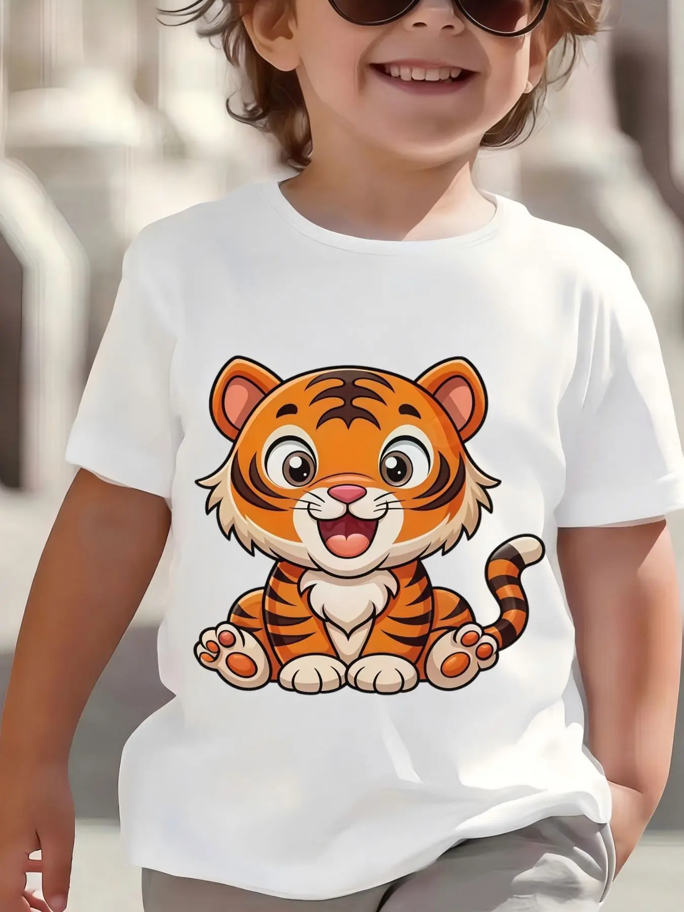 Kids Boys Girls Parent Child Matching Tee Cartoon Tiger Print Short Sleeve Crew Neck Soft Casual Family Daily Party Wear Tee
