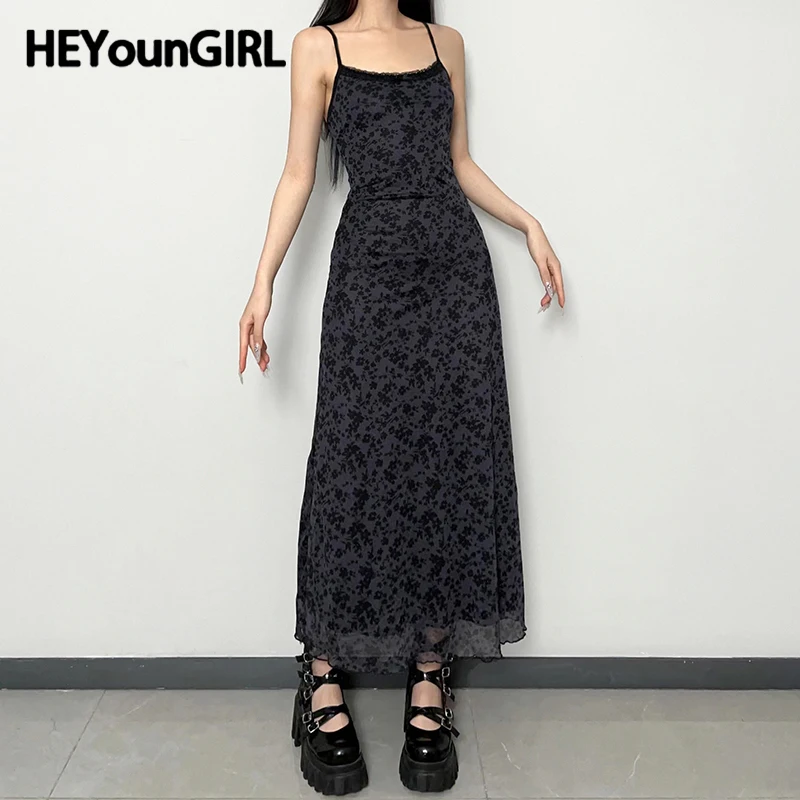 HEYounGIRL Vintage Y2K Summer Long Dresses Grunge Streetwear Loose Fit Spaghetti Strap Maxi Dress Retro Costume 2000s Fashion