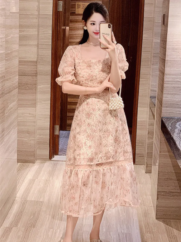 French Vintage Floral Print Summer Dresses 2024 Sweet Squared collar Short Puff Sleeve Beaded Mesh Lace Party Vestidos De mujer