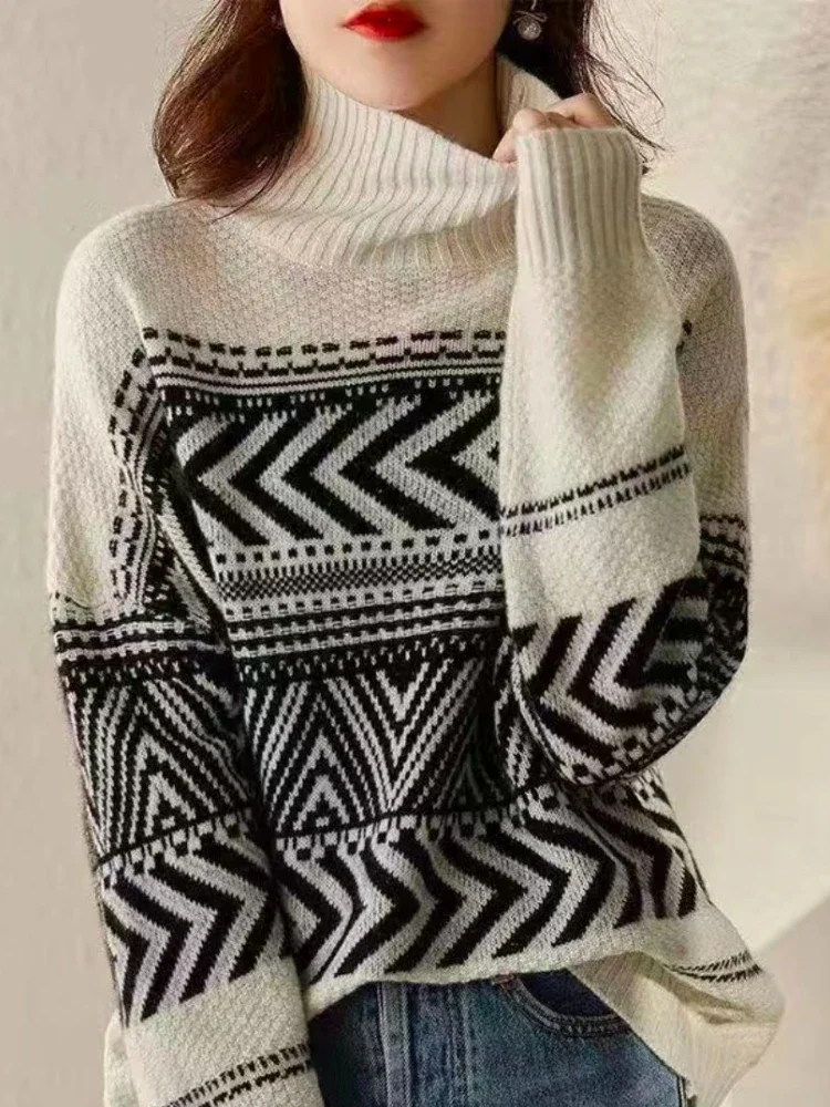 2024 Autumn/Winter Fashion New Elegant Korean Women's Knitted Hoodie Striped Color blocked Warm High Collar Long Sleeve Sweater