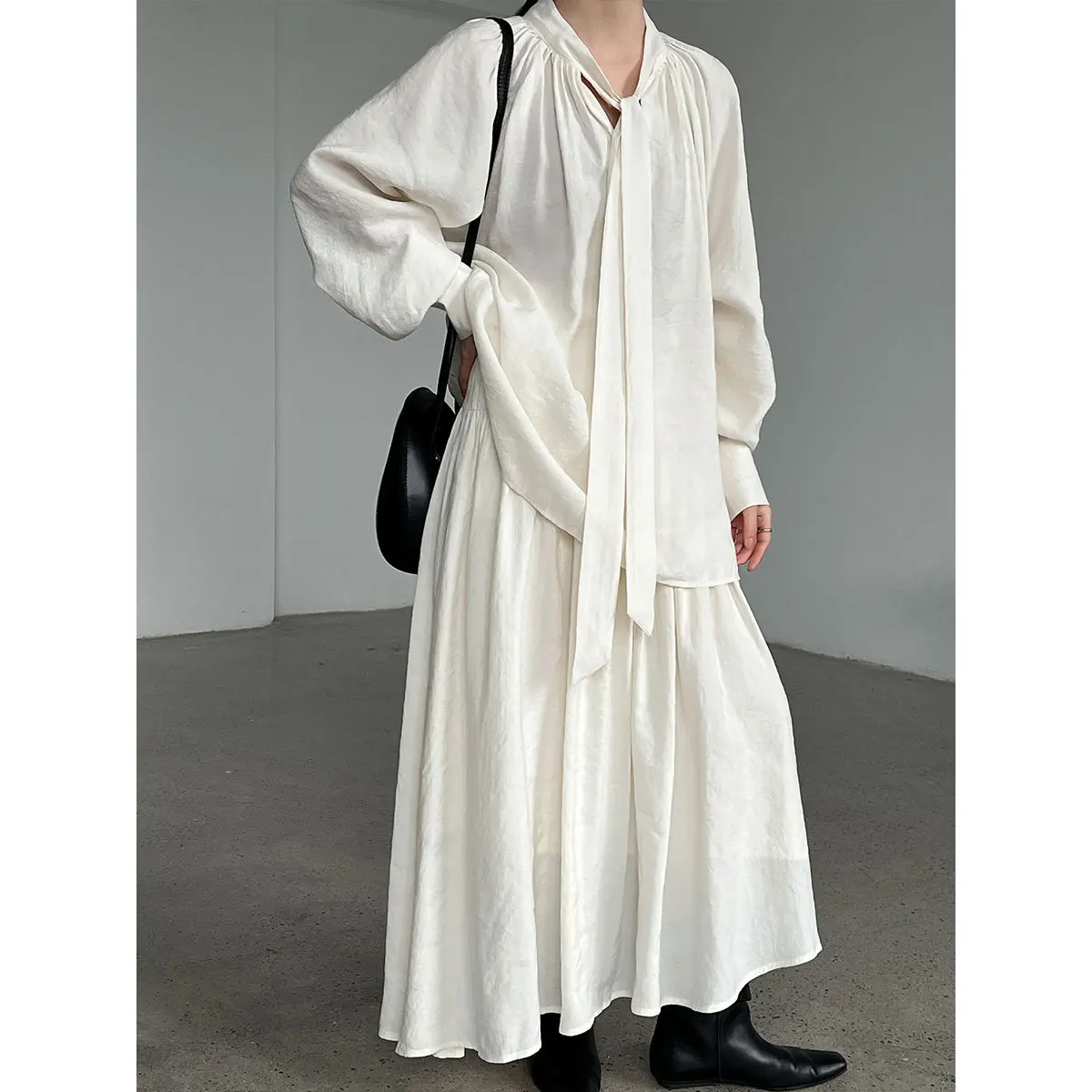 

SuperAen, осенние женские топы в корейском стиле с струящимися лентами, топы с v-образным вырезом и длинными рукавами, длинная юбка трапециевидной формы, комплекты из двух предметов