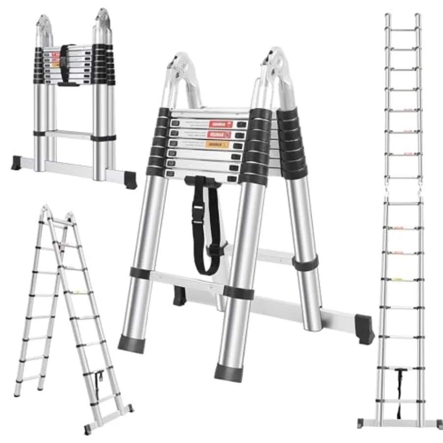 16.5FT Aluminum Telescoping A Frame Ladder with 2 Triangle Stabilizers and Stabilizer Bar Wheels Lightweight Multi-Purpose Coll