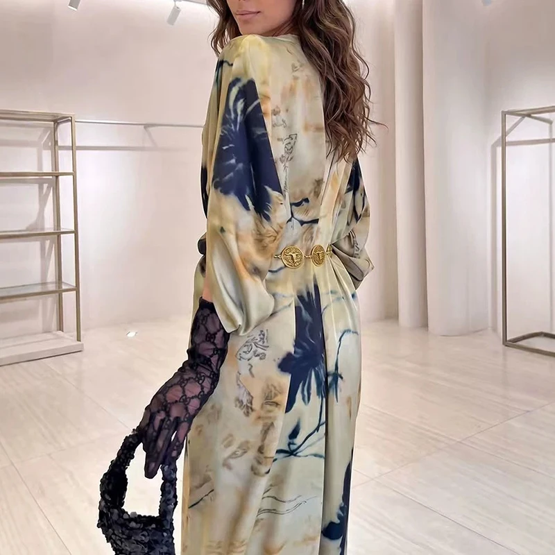New 2026 O Collar High Waist Elegant Women Dress Batwing Sleeve Design Pleats Party Dress Retro Floral Print Vacation Long Dress