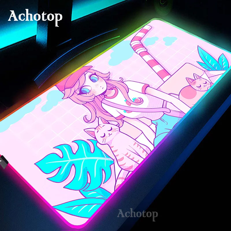 Anime Girl Colorful Luminous LED Lighting Mouse Pad RGB Pink Mousepad Gaming Desk Pads For PC Gamer 900x400 XXL Large Desk Mat