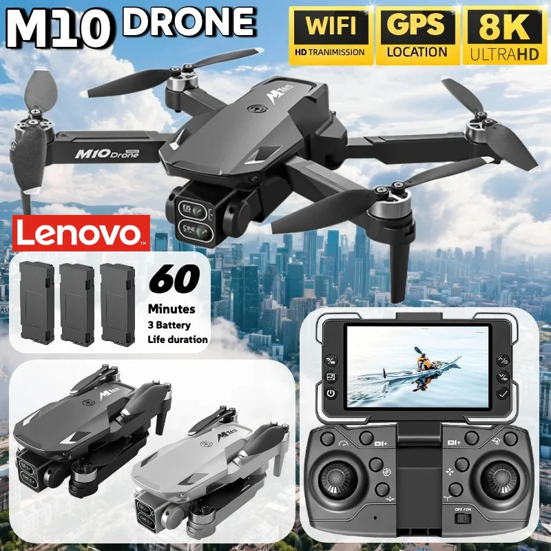 Drone RC Lenovo M10 8K Professionnel HD avec Double Caméra, Écran FPV, WIFI, Moteur Brushless, Évitement d'Obstacles, Quadricoptère Jouet