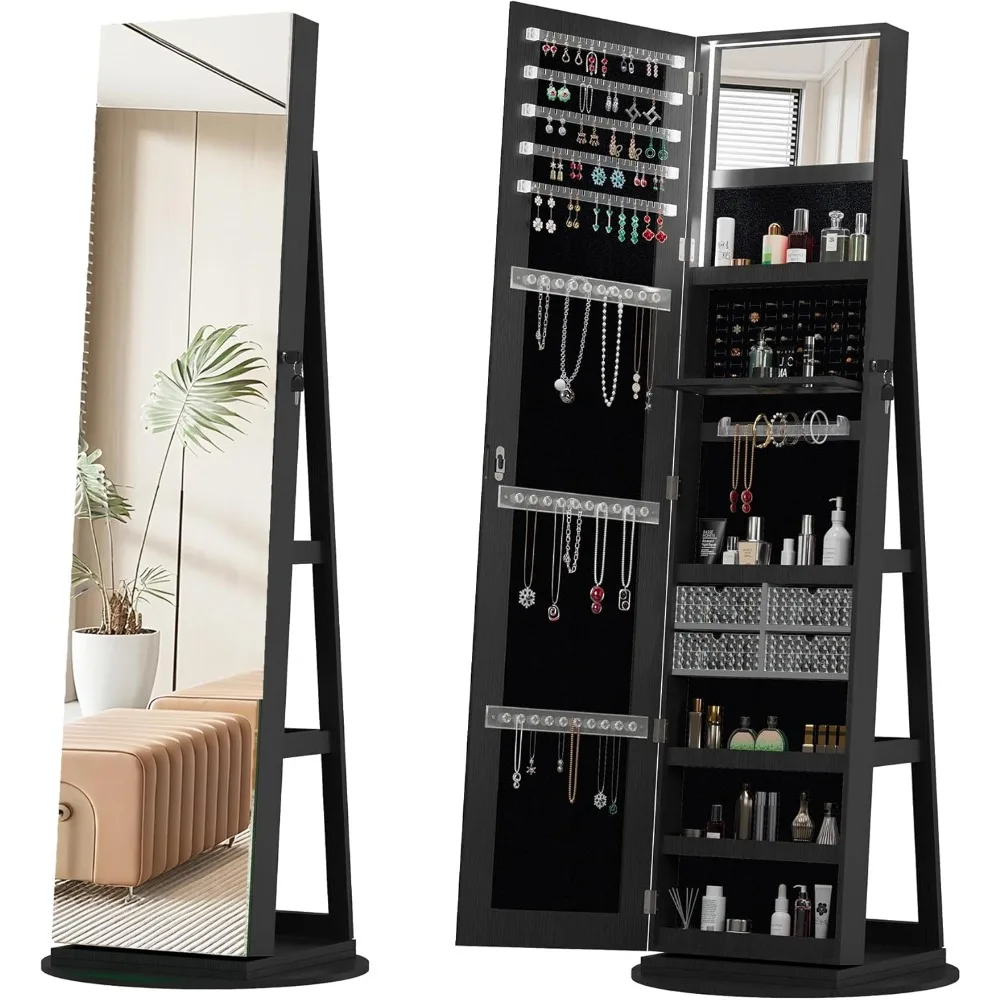 

360°Swivel Jewelry Cabinet with Full Length Mirror, 62.3 H Standing Jewelry Armoire Organizer, Lockable Storage Cabinet