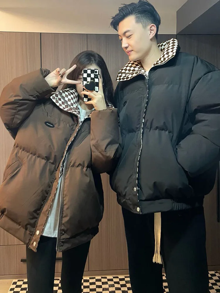 

Thickened Bread Style Jacket Women's Loose Winter Coat Korean Version Checkered Splicing Couple's Cotton Outerwear