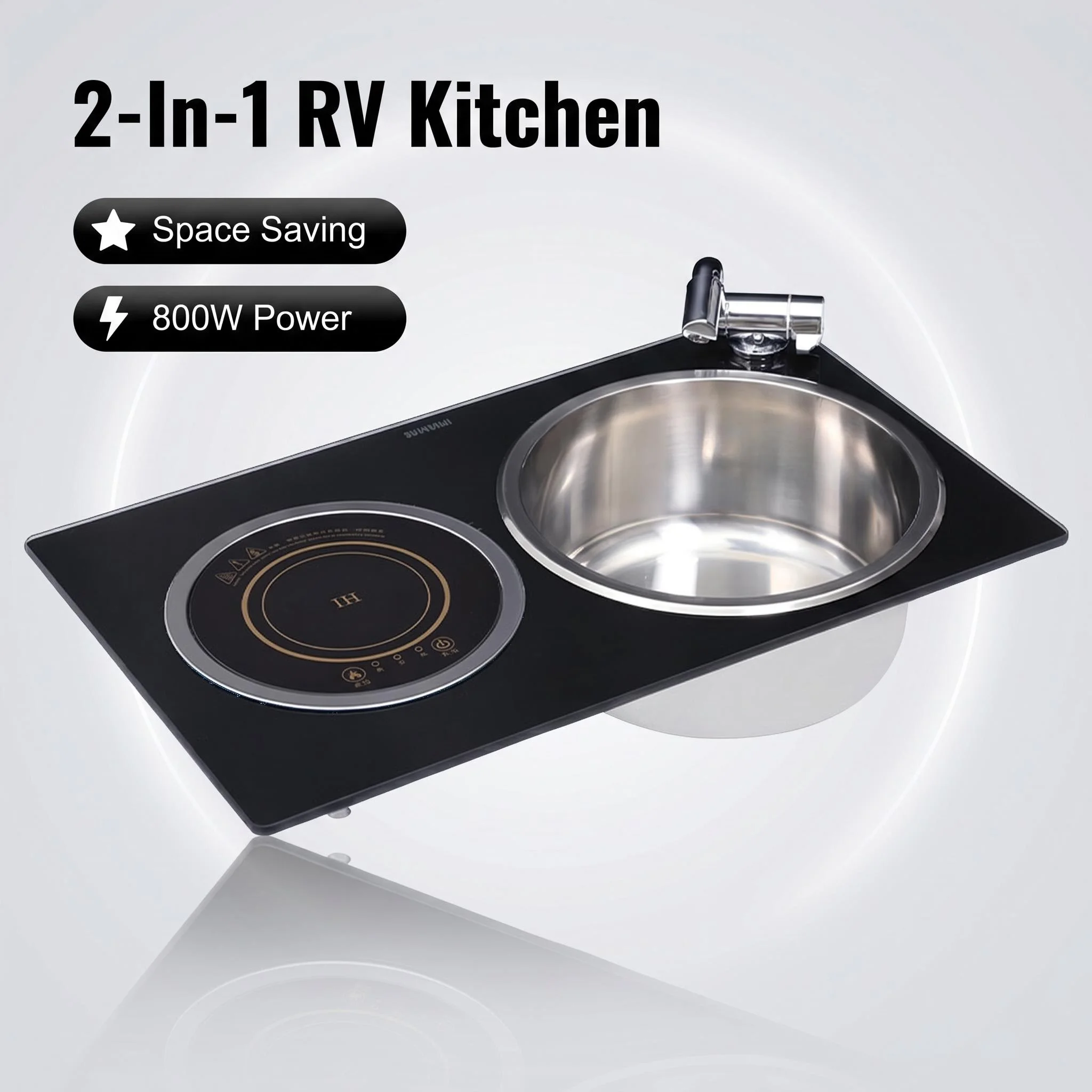 GuangRun SS304 Modern RV Sink/Induction Cooker Combo with Tempered Glass Lid for RV Car Caravan Boat Marine/Vehicle Use