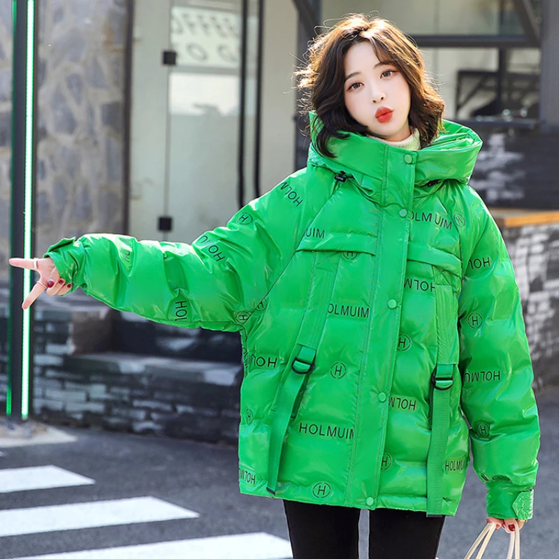 

Women's Down Jacket Winter New Outerwears Thickened Loose Warm Hooded Parka Casual Glossy Letter Trendy High Street Puffer Coats