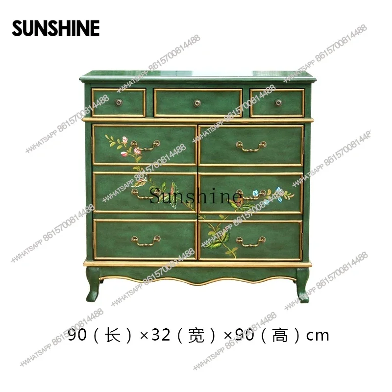 Painted Shoe Cabinet Solid Wood Living Room with Drawer Locker Retro Green Hallway Small Apartment Side Cabinet