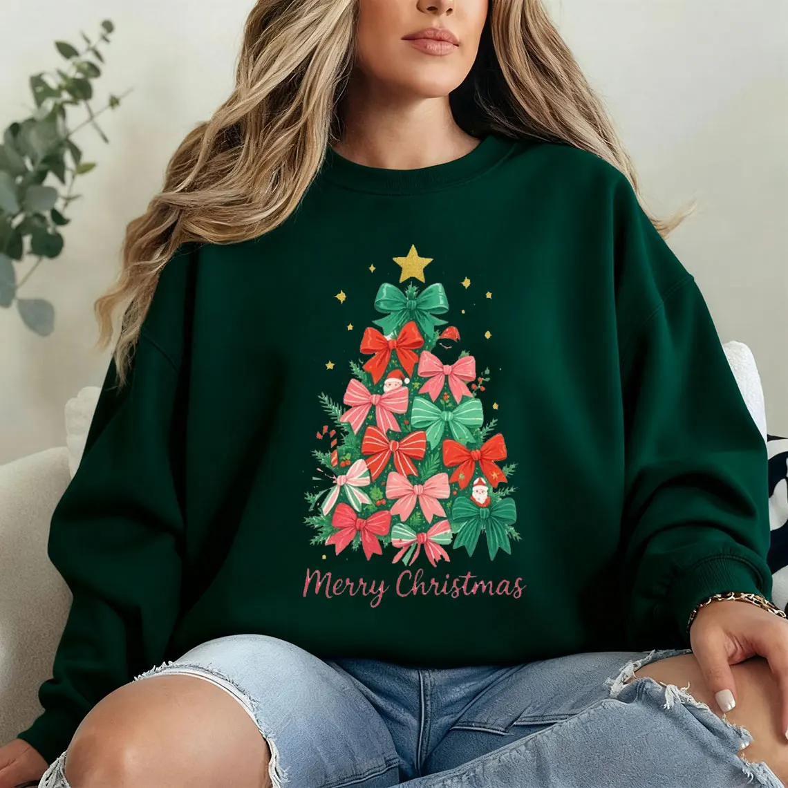 

Merry Christmas Coquette Trendy Christmas Tree Colorful & Glitter Bow Casual Soft Comfortable New in Hoodies & Sweatshirts Tops