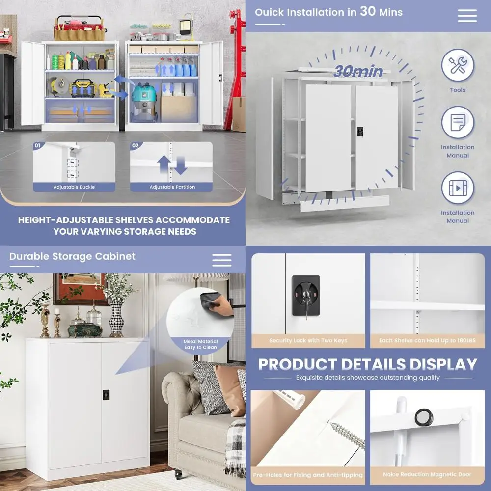 

Металлический шкаф для хранения с 36 ящиками, 2 дверцами и регулируемыми полками для гаража, офиса, дома и школы (белый)