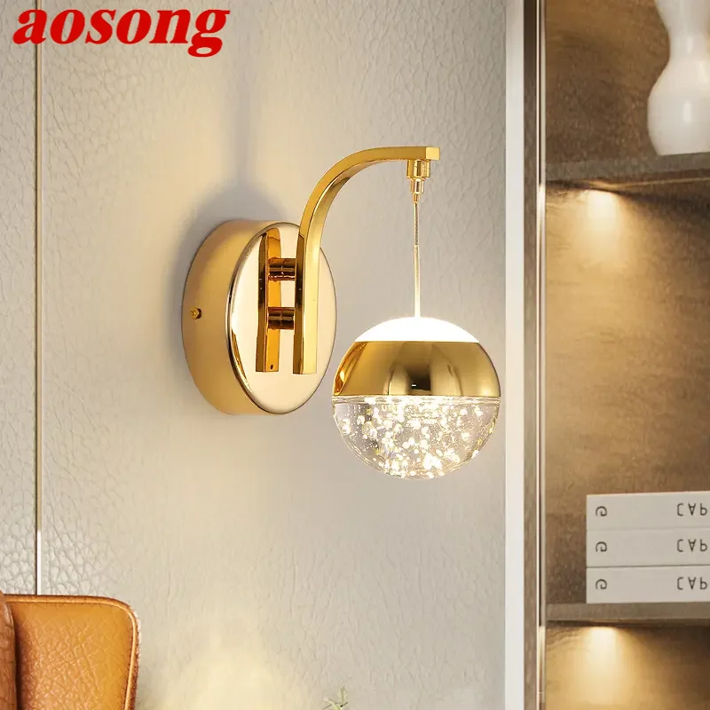 

AOSONG Gold Crystal Wall Lamp Nordic Simple Bubble Sconce Light LED Fixtures For Home Bedroom Decorative