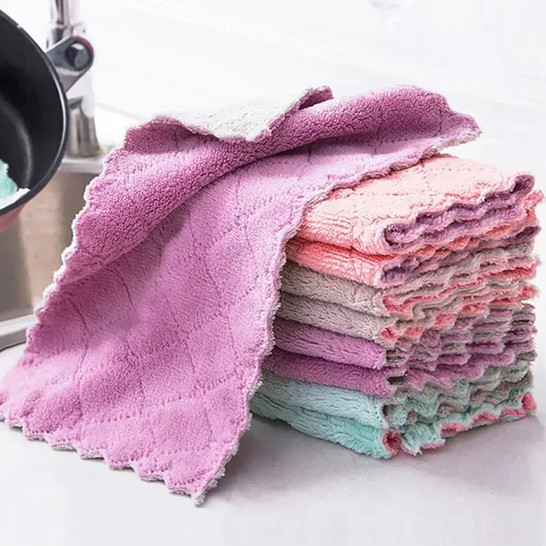 Super Absorbent Microfiber Towel Kitchen Cleaning Coral Velvet Non-stick Oil Dishcloths Double Layer Washing Rags Scouring Cloth