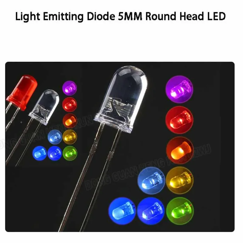 

50pcs Light Emitting Diode LED Light 5MM/F5 Red, Green, Blue, Yellow, Orange Round Head Highlight In-Line LED Color Light