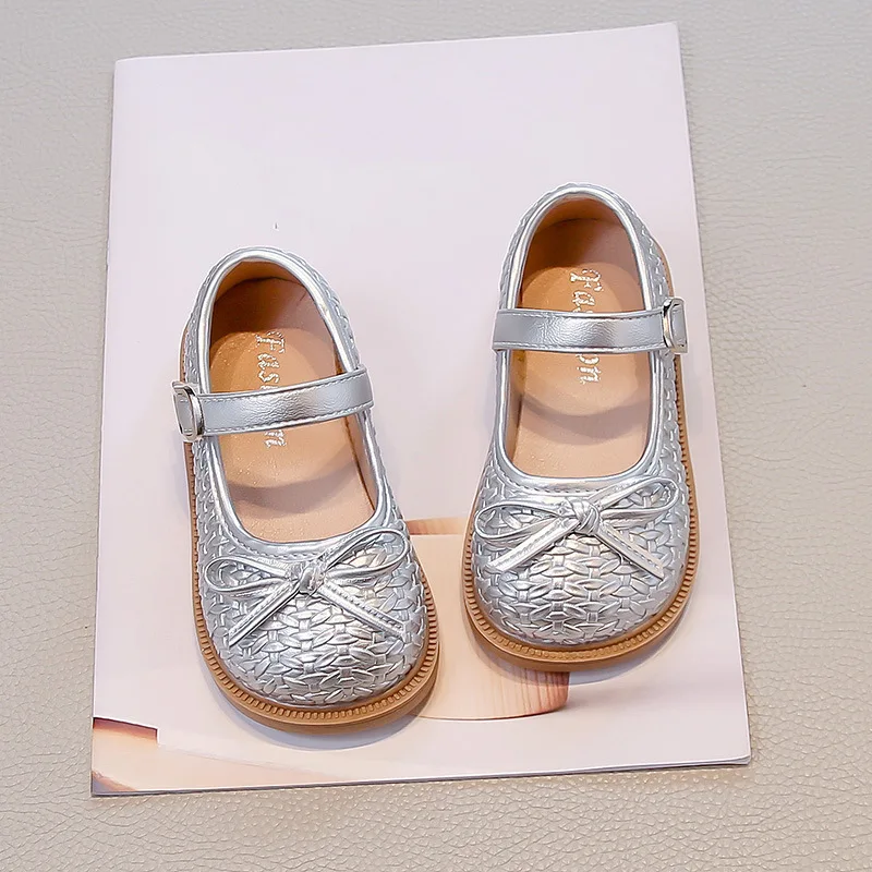 

Children Performance Flat Shoes Causal Princess Girl's Leather Shoes with Fairy Bowknot Woven Style Stage Kids Mary Jane Shoes