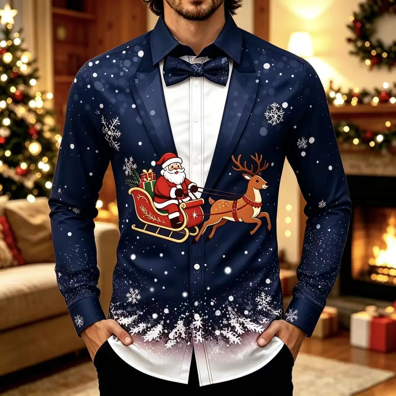 New men's Christmas printed fake two-piece shirt with Santa Claus sled snowflake pattern party long sleeved shirt