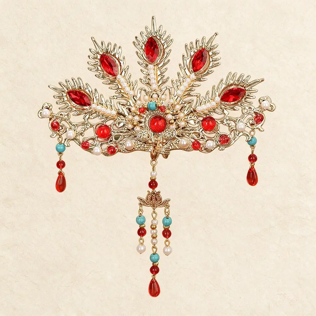 Vintage Chinese Hanfu Phoenix Crown 3pcs Hair Accessories Set Gold Tassel Faux Pearl Red Beads For Women Wedding Cosplay Costume